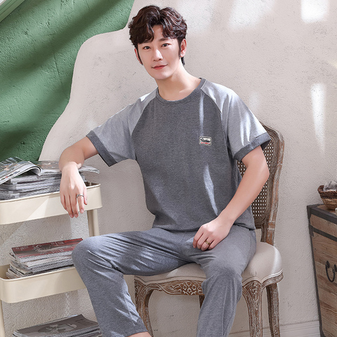 Men's Pajamas Set Summer Short-sleeve Tops + Long Pants 100% Cotton Nightwear Home Wear Suits Simple Fashion Sleepwear for Men ► Photo 1/6