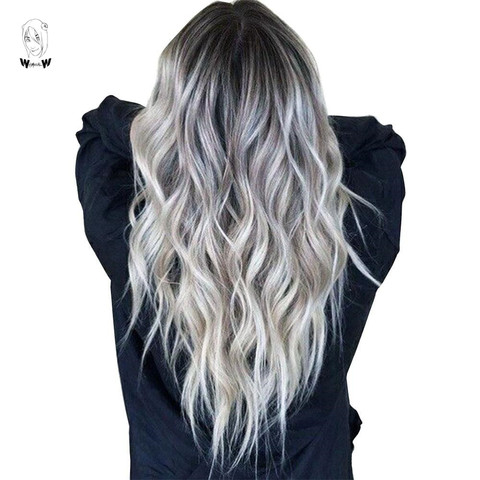 WHIMSICAL W Long Wavy Ombre Black Gray Mixed Blonde Wigs Natural Middle Part Heat Resistant Hair Synthetic Wig for Women ► Photo 1/6