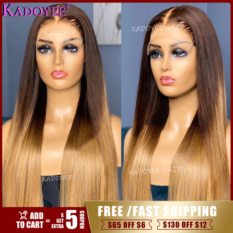 Brown Blonde Part Wig Human Hair 13x1 Hairline Lace Part Wig Ombre 2/27 Color Brazilian Remy Hair Straight Wig For Women 150% ► Photo 1/6