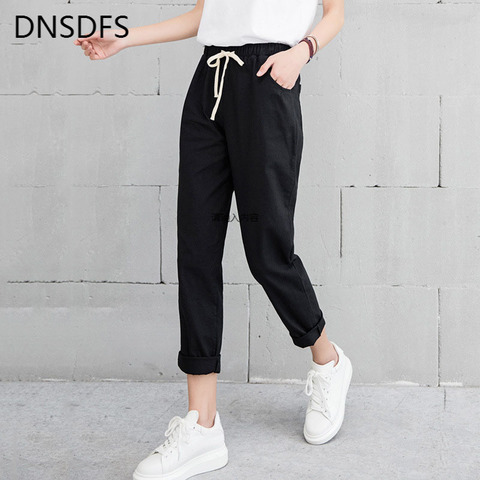 New Women Casual Harajuku Spring Autumn Big Size Long Trousers Solid Elastic Waist Cotton Linen Pants Ankle Length Haren Pants ► Photo 1/6