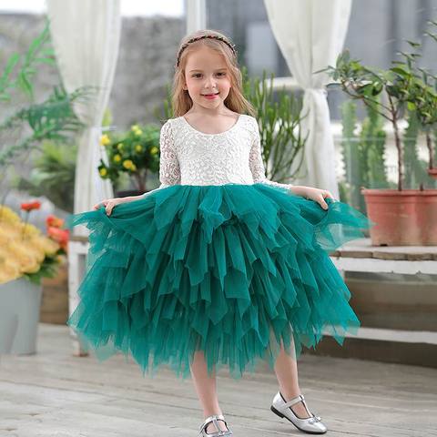 Girls Lace Dress Flower Tiered Tulle Maxi Dress Long Sleeve Princess For Wedding Party Children Clothes 1-10Y E17104 ► Photo 1/6