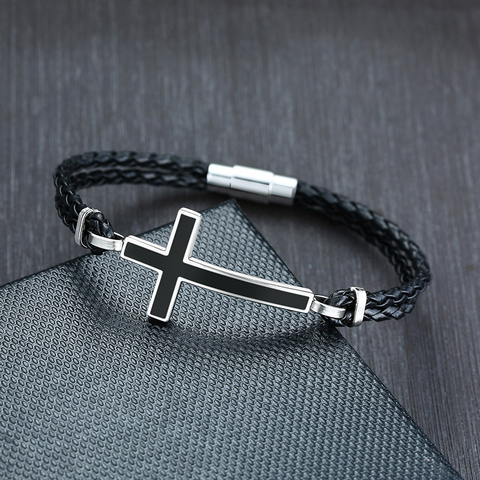 Men Casual Sideways Cross Charm Black Braided Leather Rope Bracelets Bangles Male Prayer Gifts Jewelry ► Photo 1/6