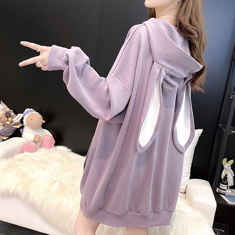 2022 autumn Sweet women hoodies Fashion cute rabbit ears hooded pullovers Lantern sleeve loose baggy female tops plus size ► Photo 1/5