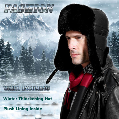 Men Winter Autumn Windproof Hat Russian Male Mens Warm Fur Bomber Hats Solid Thicken Earflap Caps Leifeng Solid Snow Hats Warmer ► Photo 1/6