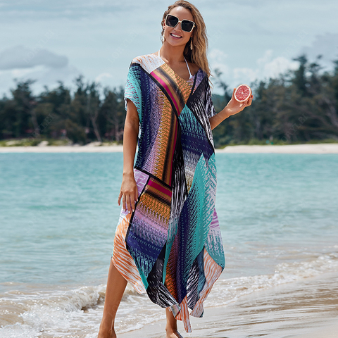 2022 Quick-drying Bikini Cover-ups Bohemian Print V-neck Summer Dress Beach Tunic Women Beachwear Kaftan Swimsuit Cover Up Q1161 ► Photo 1/6