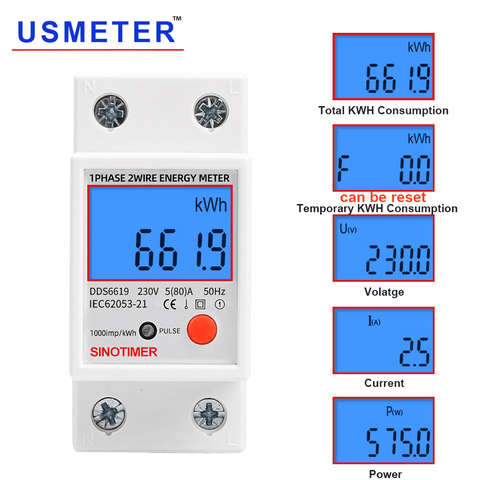 New Single Phase Two Wires 230V 5(80)A DIN Rail kwh Meter with Backlight Wattemeter with reset Voltmeter Ammeter power meter ► Photo 1/6