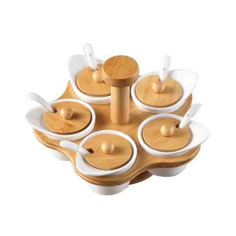 Ceramic Rotating Spice Jar Set Wood Cover Seasoning Box Salt Storage Box With Rack Kitchenware Accessories ► Photo 1/6