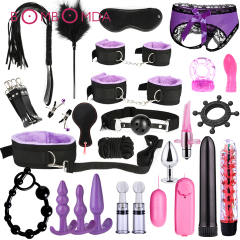 26 PCS Adults Sex Toys For Women Men Handcuffs Nipple Clamps Whip Spanking Sex Metal Anal Plug Vibrator Butt Bdsm Bondage Set ► Photo 1/6