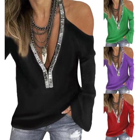 Sexy Sequins V Neck Cold Shoulder Long Sleeve T-Shirt Women Solid Color Top Plus Size Solid Color Sequins Decor Women's T-Shirt ► Photo 1/6