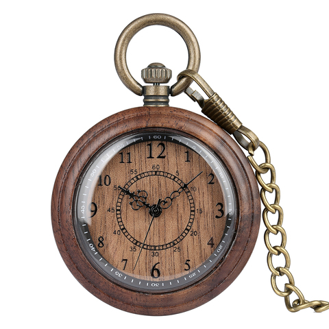 Retro Wooden Case Pocket Watch for Men Arabic Numerals Dial Accessory Classic Rough Chain Pendant Clock Reloj de madera ► Photo 1/6