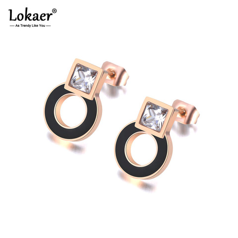 Lokaer Stainless Steel Black Acrylic Circle & Square CZ Crystal Earrings For Women Rose Gold Engagement Earrings Jewelry E19048 ► Photo 1/5