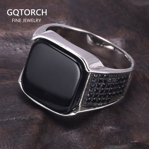 Guaranteed 925 Sterling Silver Rings Antique Turkish Ring Jewellery For Men With Square Black Natural Stones Simple Design ► Photo 1/6