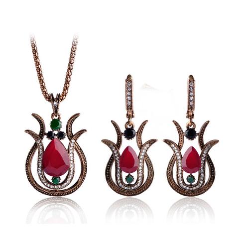 Blucome Vintage Style Green Tulip Flower Pendant Necklace Earrings Jewelry Set Alloy Resin Women Party Wedding Dress Accessories ► Photo 1/6