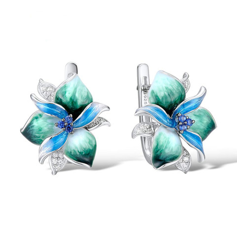 Women Trendy Jewelry Green Enamel Flower Silver Clip Earrings with AAA Zircon Stone Delicate Bohemia Wedding Engagement Earrings ► Photo 1/6