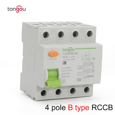 4P 63 Amp Type B 10KA RCCB RCD 230V 400V 30mA Residual Current Circuit Breaker TORD6B-63 ► Photo 1/6