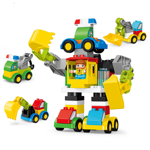 49Pcs DIY Excavator Crane Transform Robot Car Building Blocks Compatible Duploe City Construction Vehicles Toys For Children ► Photo 1/4