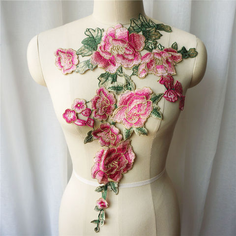 Embroidered Pink Peony Flower Green Leaf Lace Fabric Collar Gown Appliques Sew Patch For Wedding Decoration Dress DIY ► Photo 1/5