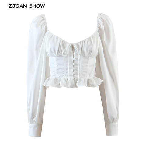 Vintage Long Sleeve Bandage Cross Lacing up Cropped Shirt Women French style Ladies Wood ears Dropped Slim Crop Top Sexy blouses ► Photo 1/6