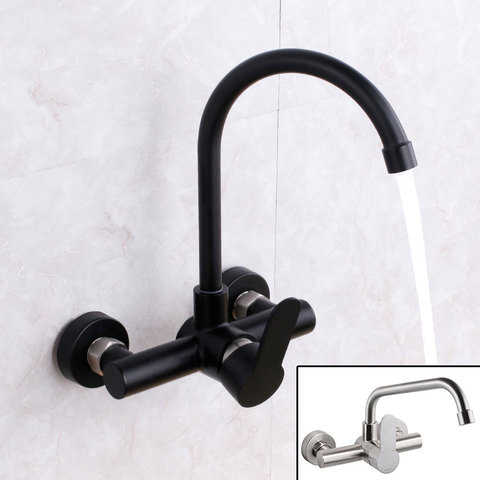 Wall mounted black kitchen faucet single handle double holes hot and cold water ► Photo 1/6