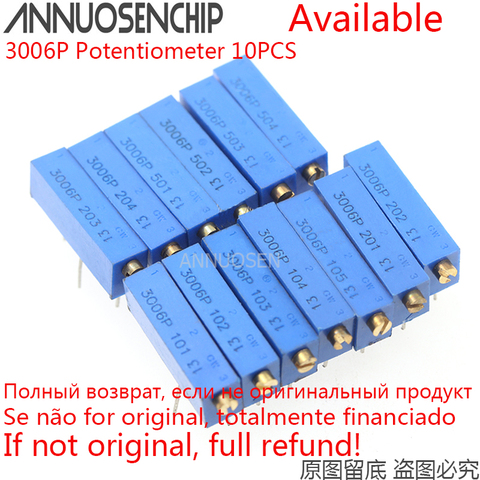 10PCS 3006P Precision Multi-turn Adjustable Potentiometer 1K 2K 5K 10K 20K 50K 100K 200K 500K 100R 200R 500R 100 200 500 ohm ► Photo 1/1