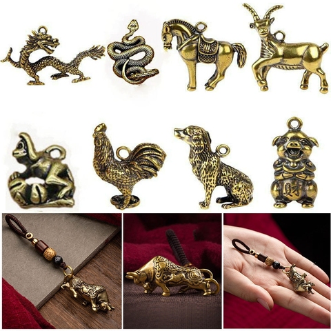 Bull Ornament Sculpture Copper Miniatures Figurines Desk Decoration Pure Copper Handmade Lines Key Pendant Key Chain Accessories ► Photo 1/6