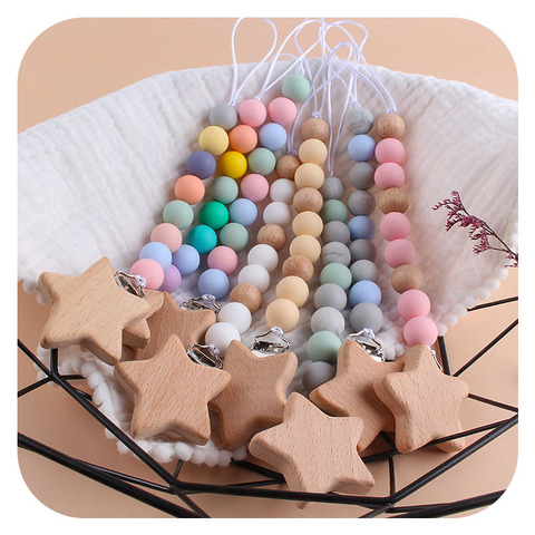 Five Star Beech Wooden Baby Pacifier Clips Dummy Nipple Holder for Infant Baby Shower Gift Food Grade Silicone Beads ► Photo 1/6