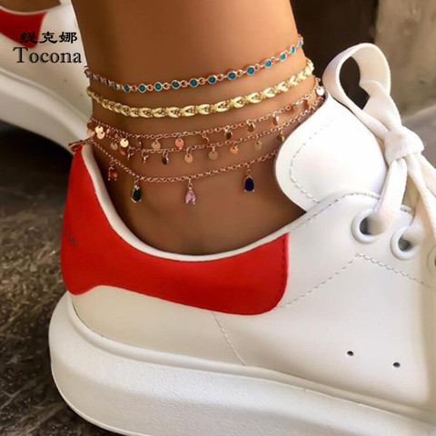 Tocona Boho 5pcs/sets Colorful Crystal Stone Anklets for Women Gold Wafer Tassel Rope Feet Bracelets Summer Jewelry 8407 ► Photo 1/6
