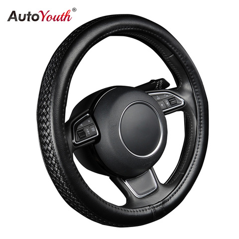 AUTOYOUTH PU Leather Steering Wheel Cover Black Lychee Pattern with Anti-slip Braiding Style M Size fits 38cm/15