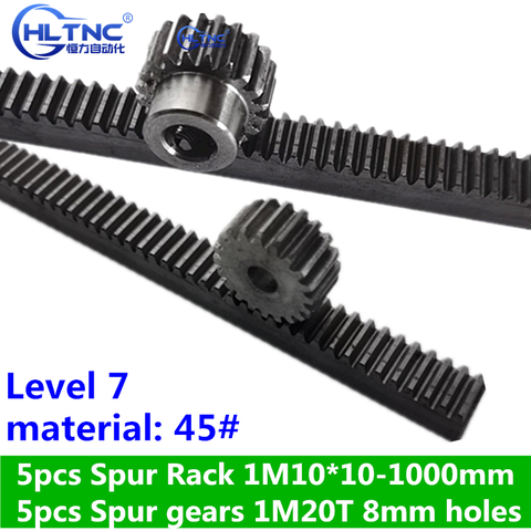 5pc 1Mod 1 Modulus High Precision Gear Rack steel 10*10*1000mm + 5pcs 1M 20teeth spur pinion gears cnc parts ► Photo 1/6