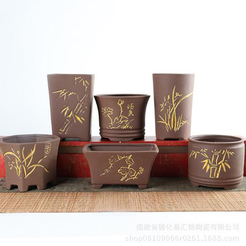 Purple Sand Succulent Plant Flowerpot Pure Handmade Ceramic Retro Flower Pot Bamboo Lotus Gold Outline Vase Balcony Home Decor ► Photo 1/6