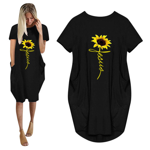 #H30 Sunflower Print Plus Size Dresses For Women Ladies Oversized Short Sleeve Pocket Mini Dress Casual Loose Summer Dress ► Photo 1/6