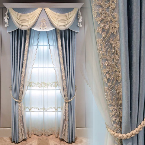 European Style Solid Color Luxury Atmosphere Blue Shade Curtains for  Living Room Bedroom ► Photo 1/6