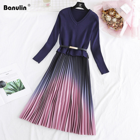 Autumn Winter Elegant Knitted Patchwork Gradient Pink Pleated Dress Women Long Sleeve Office One-Piece Sweater Dress With Belt ► Photo 1/6