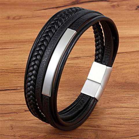Multi-layer Hand-woven Gold Steel Black Men's Leather Stainless Steel Bracelet DIY Size Carved Logo For Surprise Birthday Gift ► Photo 1/6