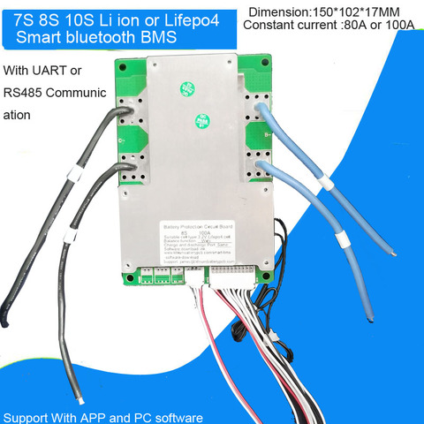 7S 8S 24V Li ion or Lifepo4 Smart Bluetooth BMS with UART communication 80A or 100A constant current Intelligent PCB software ► Photo 1/3