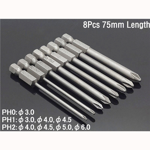 8pcs 75mm  Long Magnetic Hex Cross Head Screwdriver Bits Electric Screwdriver Set S2 PH0,PH1,PH2 ► Photo 1/5