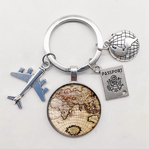 World Map Keychain Travel Exploring Glass Dome Cabachon Aircraft Charm Pendant Keychain Men's and Women's Gift Jewelry Keychain. ► Photo 1/6