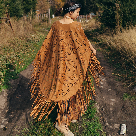 AYUALIN Camel Suede Floral Hollow Out Fringe Tassel Shawl Women Vintage Capes Ponchos Autumn Bohemian cardigan Cloak Boho 2022 ► Photo 1/6