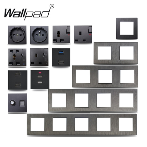 Wallpad S6 Black Brushed Panel EU French Power Universal Wall Socket USB Charger Data CAT6 HDMI TV Modules DIY Combination ► Photo 1/4