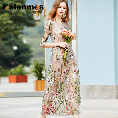 KALENMOS Women Summer Tulle Long Dress Lace Embroidery High Waist Elegant Dance Wedding Party Dress Floral Sexy Maxi Vestidos ► Photo 1/6