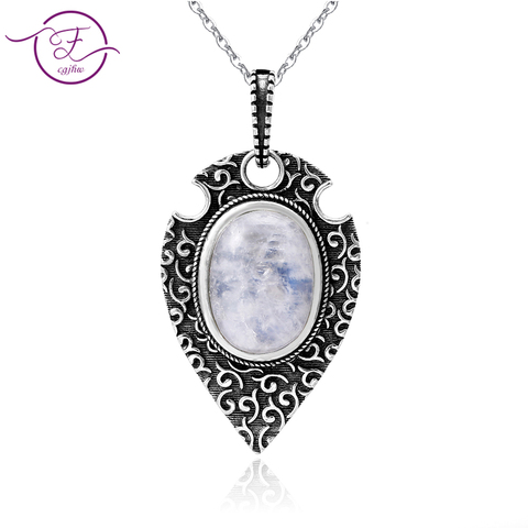 100% S925 Sterling Silver Necklace Pendant Large Oval 10*14MM Natural Moonstone Retro Bohemian Style Necklace Pendant Party ► Photo 1/6