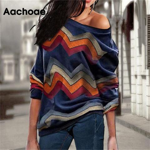 Aachoae Women Blouses Off Shoulder Tops Striped Print Pullover Jumper Casual Knitted Top Long Sleeve Blouse Shirt Camiseta Mujer ► Photo 1/6