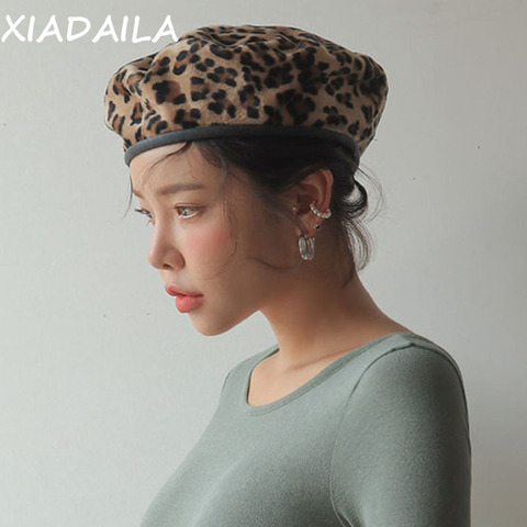 Leopard Beret Female Autumn Winter Hats For Women Vintage Painter Flat Cap Boina Feminina Fashion PU Leather Brim Beanie ► Photo 1/6