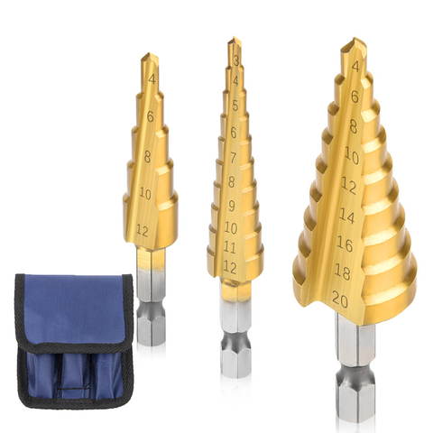 1/3pcs HSS Steel Titanium Step Drill Bit Hand Tool Sets 3-12mm 4-12mm 4-20mm Step Cone Cutt Woodworking Wood Metal Drill Bit Set ► Photo 1/6