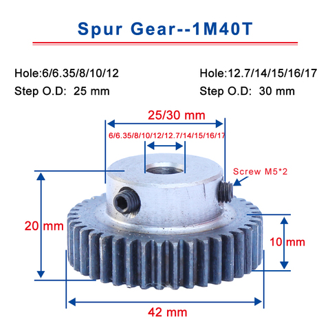 1Piece 1M40T Spur Gear Bore 6/6.35/7/8/10 /12/12.7/14/15/16/17/20 mm Motor Gear Low Carbon Steel Material  metal Gear for motor ► Photo 1/5