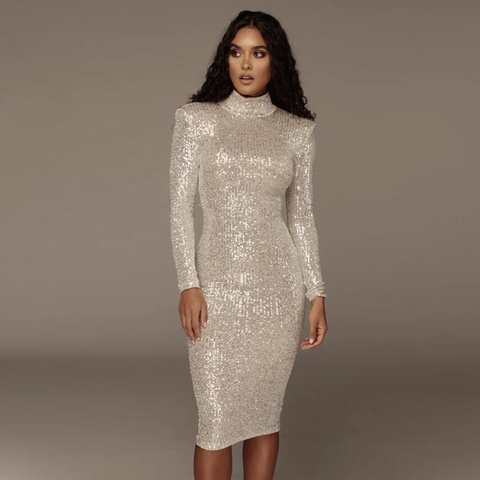 Sequined High collar Midi Dress Elegant Long Sleeve Bodycon Tight Stretch Knee Length Party Dresses ► Photo 1/6