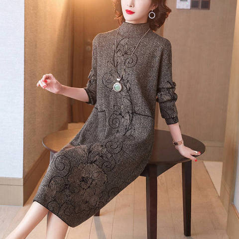 ZUOMANAutumn and Winter New Jacquard Knitted Dress Women Vintage Warm Mid-Calf Sweater Dress Lady Elegant Loose Turtleneck Dress ► Photo 1/6