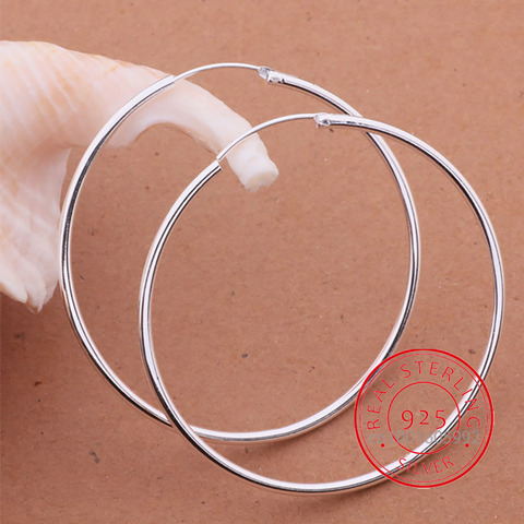 100% Pure 925 Sterling Silver Hoop Earrings For Women 50mm 60mm Round Circle Loop Simple Woman Silver Hoop Earrings ► Photo 1/6