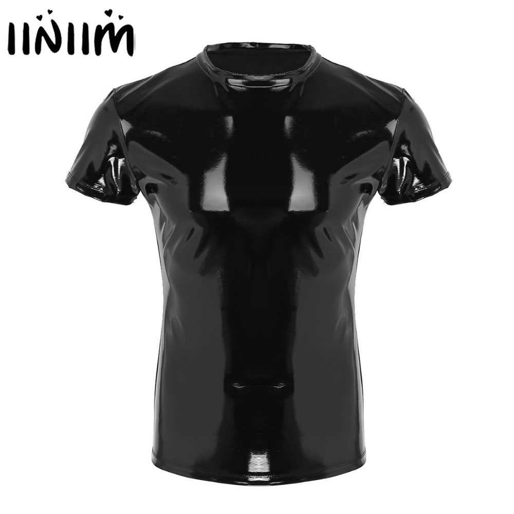 Men PVC Leather Underwear Long Sleeve T-shirt Top Zipper Clubwear Vest Costume 