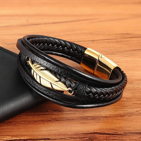 Multi-layer Leather Feather Shape Accessories Men's Bracelet Stainless Steel Leather Bracelet For Special Birthday Present ► Photo 1/6